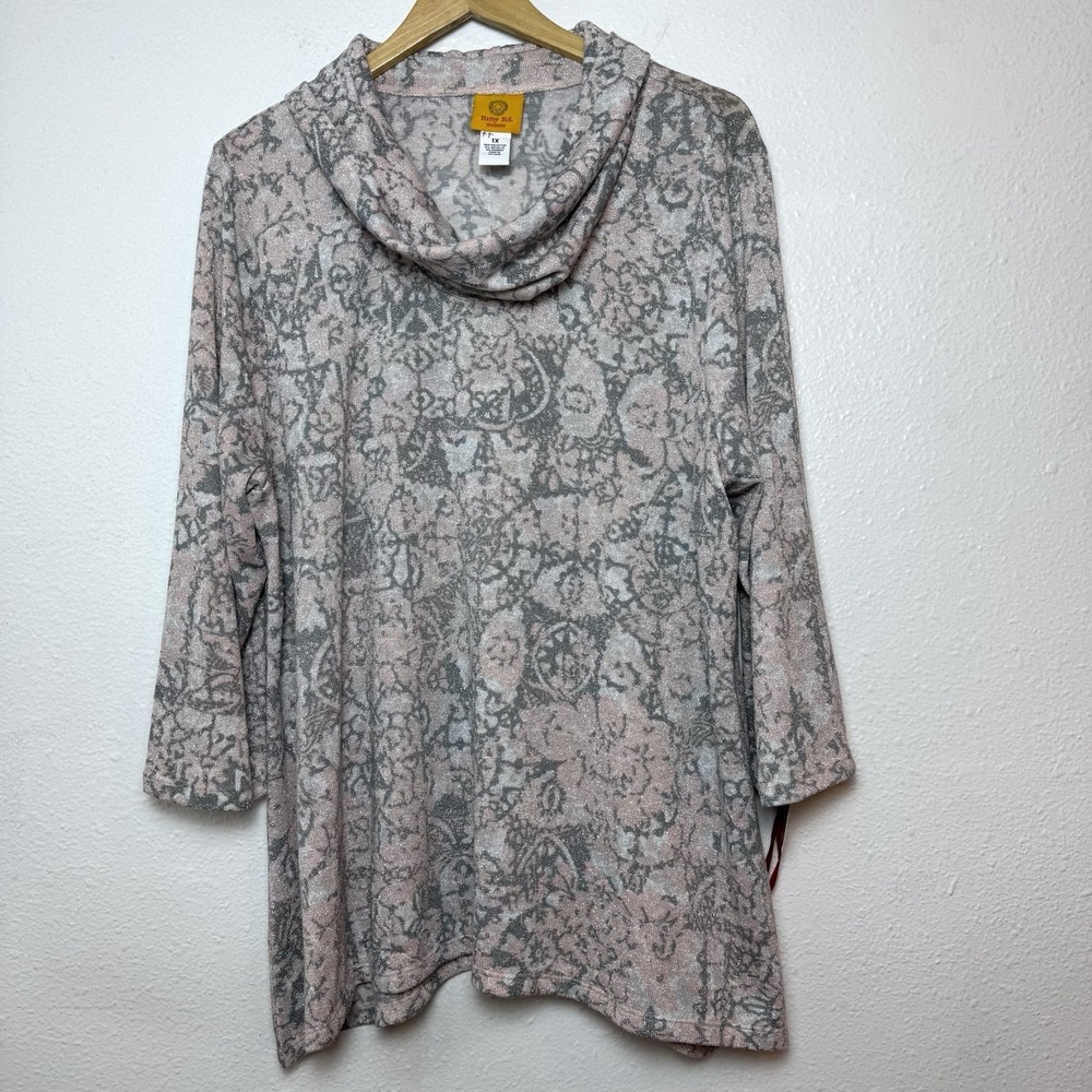 Ruby Rd Silver Belles Pink Silver Top Womens 1X Cowl Neck Metallic Blouse READ